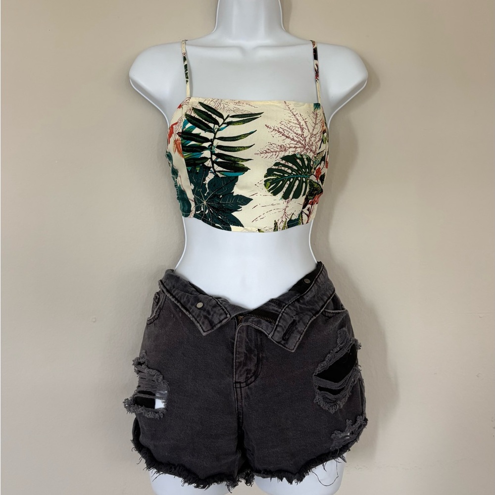 Tropical Leaf Print Cami Cropped Top Size L